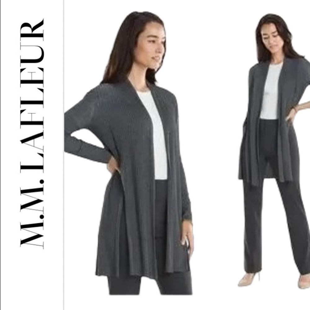 MM. Lafleur Long Open-Front Ribbed Cardigan in Charcoal Gray